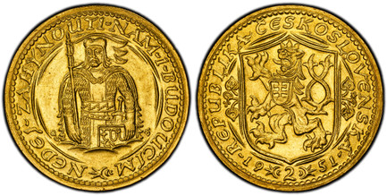 1084581 CZECHOSLOVAKIA. 1951 AV 2 Dukaty. PCGS MS64.  By J. Benda (Obv.) & O. Spaniel (Rev.). Edge: Milled. 25mm. 6.98gm. Czech lion with Slovak shield, denomination divides date below / Duke Wenceslas (Vaclav) half-length figure facing. KM 9; Fr....