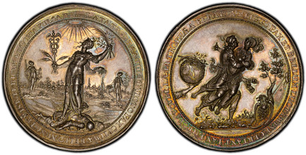 1083776 DANZIG. (1644) AR Medal. PCGS SP63.  By S. Dadler. 60.80mm. 66.81gm. Bellona the allegorical figure of War struggles with Pax, fighting for peace on earth. At left, a globe with Mercury's caduceus, palm and olive branches, offered to the c...