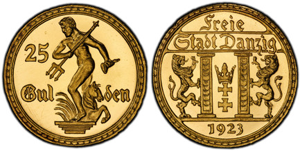 1083774 DANZIG. 1923 AV 25 Gulden. PCGS PR65DCAM (Deep Cameo).  Edge: NEC TEMERE NEC TIMIDE . Arms between columns with supporters, date below / Statue from the Neptune fountain, denomination at left and divided below. KM 148; Jaeger 10D10.

Prese...