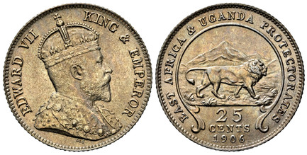 1084712 EAST AFRICA. Edward VII. 1906 AR 25 Cents. NGC MS65.  Edge: Reeded. Bust of King Edward VII right / Lion and mountains within 3/4 circle with fleur ends, denomination and date below. KM 3.

Please use this link to verify the NGC certificat...