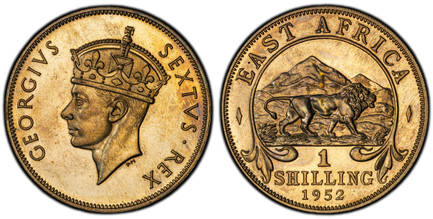 1084711 EAST AFRICA. George VI. (King, 1936-1952). 1952 Copper-Nickel Shilling. PCGS PR65.  By Percy Metcalfe (Obv.). Edge: Reeded. ET INDIA IMPERATOR dropped from legend. Crowned head of King George VI left / Lion and mountains within 3/4 circle ...