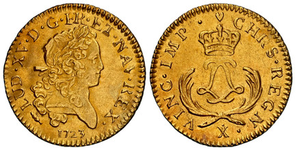 1084035 FRANCE. Louis XV. 1723-X AV Louis d'Or. NGC AU Details Saltwater Damage.  Amiens. LUD · XV · D · G · FR · ET · NAV · REX. Laureate head right / CHRS · REGN · VINC · IMP ·. Crowned double L monogram within palms. KM 468.19; Gad.-338.

Popul...
