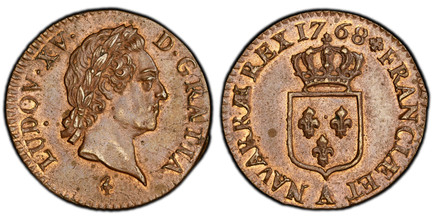 1084444 FRANCE. Louis XV. 1768-A CU 1/2 Sol. PCGS MS63BN (Brown).  Paris. Older head right / Crowned square arms with date above. KM 544.1; Duplessy 1700; Gad.-275.
Ex Byron F. Johnson, Jr. Collection – Bowers and Merena, Inc. (January 1989) Lot 3...