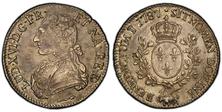 1084445 FRANCE. Louis XVI. 1787-(cow) (p) AR Ecu. PCGS AU58.  Pau. ....RE.BD. (ligate BD). Uniformed bust left / SIT NOMEN DOMINI BENEDICTUM. Crowned arms of France within branches. KM 572; Dav.-1334; Gad.-356a.

Please use this link to verify the...