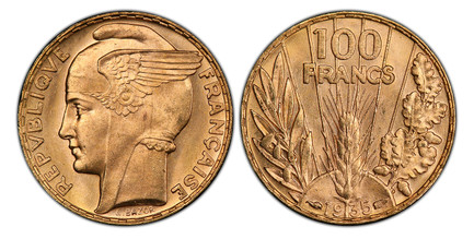 1067859 FRANCE. Third Republic. (1870-1940). 1935 (Cornucopia) (Wing) AV 100 Francs. PCGS MS64+.  By L. Bazor. Paris. Winged head left, signed below truncation / Denomination above grain sprig, date below, laurel and oak branches flank. KM 880; Fr...