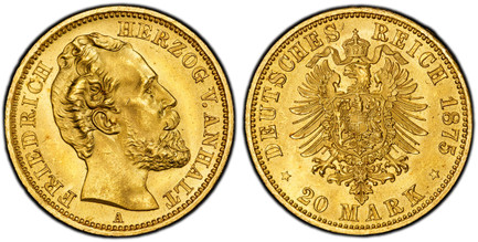 1083773 GERMAN STATES. Anhalt-Dessau. Friedrich I. 1875-A AV 20 Mark. PCGS MS66.  Berlin. Edge: GOTT MIT UNS. FRIEDRICH HERZOG V.ANHALT. Large head right / DEUTSCHES REICH date 20 MARK. Crowned imperial German eagle. KM 21; Jaeger 179.

Please use...