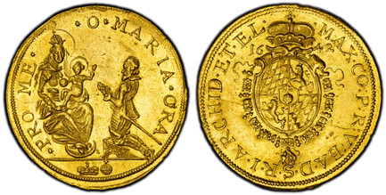 1084629 GERMAN STATES. Bavaria. Maximilian I. 1642 AV 2 Ducats. PCGS MS61.  6.94gm. Elector kneeling before Madonna and child / Crowned oval arms within order chain. KM 275; Fr.-194; Hahn 124.

Maximilian I as Elector.

Please use this link to ver...