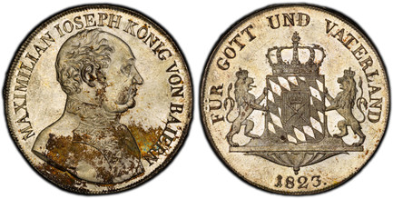 1083767 GERMAN STATES. Bavaria. Maximilian IV, Josef. 1823 AR Thaler. PCGS MS65.  Edge: ZEHEN EINE FEINE MARK. MAXIMILIAN IOSEPH KONIG VON BAIERN. Uniformed bust right / FUR GOTT UND VATERLAND. Crowned arms with supporters. KM 716; Dav.-554; AKS 4...