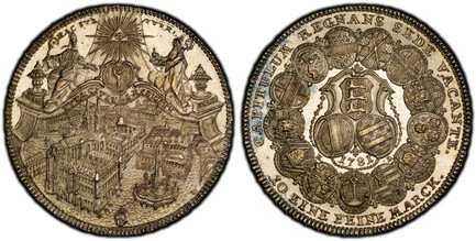 1083798 GERMAN STATES. Eichstatt. 1781 KR/OE AR Thaler. PCGS MS64.  Nürnberg. 27.99gm. CAPITULUM REGNANS SEDE VACANTE., 10 EINE FEINE MARCK. below. 13 oval arms form circle with 3 shields of arms and date within ornate frame at center / HAC SUB TU...