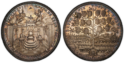 1083769 GERMAN STATES. Eichstatt. 1790 W AR 2 Thaler. PCGS MS64.  55.94gm. CAPITULUM EYSTETTENSE - REGNANS SEDE VACANTE, below: 17.V EINE FEINE MARK. Saints above vacant throne / EX UNO OMNIS NOSTRA SALUS, below: WILIBALDS-BURG. in band. Tree with...