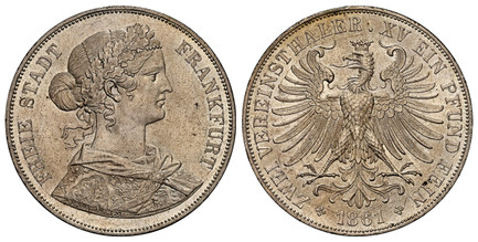 1082533 GERMAN STATES. Frankfurt Am Main. 1861 AR 2 Thaler, 3-1/2 Gulden. NGC MS64.  Edge: STARK ~*~ IM  ~*~ RECHT  ~*~. FREIE STADT FRANKFURT. Laureate bust right / ZWEI VEREINSTHALER. XV EIN PFUND FEIN. Crowned eagle with wings open. KM 365; Dav...