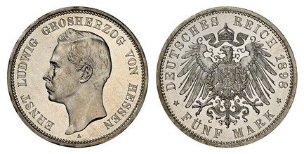 1085122 GERMAN STATES. Hesse-Darmstadt. Ernst Ludwig. 1898-A AR 5 Mark. NGC PR65 Cameo.  Berlin. ERNST LUDWIG GROSHERZOG VON HESSEN. Head left / DEUTSCHES REICH (date), FUNF MARK below. Crowned imperial eagle. KM 369. Proof; Jaeger 73.

From a min...