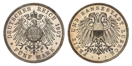 1085124 GERMAN STATES. Lubeck. 1907-A AR 5 Mark. NGC PR65+ Cameo.  Berlin. Double imperial eagle with divided shield on breast / Crowned imperial eagle, shield on breast; denomination below. KM 213. Proof; Jaeger 83.

Please use this link to verif...