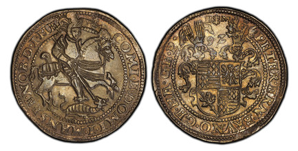 1084691 GERMAN STATES. Mansfeld-Friedeburg. Peter Ernst I, Bruno II, Gebhard VI, & Hans Georg IV. (1586-1601). (15)92 (i) AR Thaler, 24 Groschen. PCGS AU55.  Eisleben. PETER. ERN. BRVNO. GE. HA. G(E). P. Smaller, more compact shield of new Mansfel...