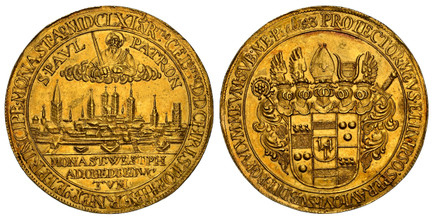 1083747 GERMAN STATES. Münster. 1661 AV 6 Ducats. NGC AU58.  46mm. 20.63gm. Helmeted arms / S•PAVL – PATRON// MONAST • WESTPH/ AD. OBED REDVC/ TVM. Bust of Saint Paul in clouds above the city view of Munster; inscription in exergue. KM 82; Fr.-177...