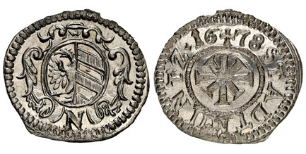 1084449 GERMAN STATES. Nürnberg. 1678 (f) AR Kreuzer, 4 Pfennig. NGC MS68.  Double cross, mint mark (++) divides date at top / Oval Nurnberg arms in baroque frame. KM 194.

Please use this link to verify the NGC certification number <a href="https...
