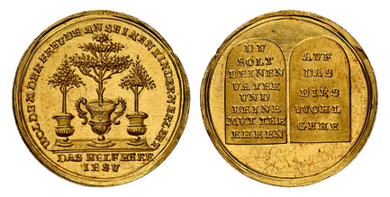 1085125 GERMAN STATES. Nürnberg. (c.1700) ND AV Medal of Ducat Weight. NGC MS64.  WOL DEM DER FREUDE AN SEINEN KINDERN ERLEBT// DAS HILF HERR/ IESV. Larger tree planted in bucket stands between two smaller trees in buckets / DV/ SOLT/ DEINEN/ VATT...