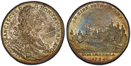 1084693 GERMAN STATES. Nürnberg. 1754 PPW-CGL AR Thaler. PCGS AU53.  FRANCISCVS · D · - G · ROM · IMP · SEMP · AVG ·. Armored, laureate bust of Franz right / X EINE FEINE MARK. NORIMBERGA / 1754. City view. KM 316; Dav.-2484.

Please use this link...