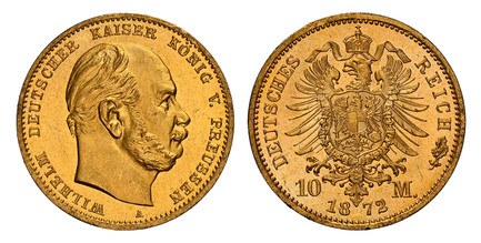 1084410 GERMAN STATES. Prussia. Wilhelm I. (Emperor, 1871-1888). 1872-A AV 10 Mark. NGC MS67.  Berlin. WILHELM DEUTSCHER KAISER KONIG V. PREUSSEN. Head right / DEUTSCHES REICH. Crowned imperial eagle. KM 502; Jaeger 242.

Please use this link to v...