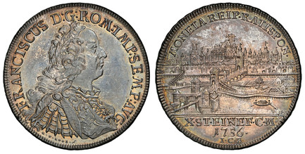 1084694 GERMAN STATES. Regensburg. 1756 ICB AR Thaler. NGC MS61.  FRANCISCUS D: G: ROM: IMP: SEMP: AVG ·. Armored laureate bust right / MONETA REIP · RATISPON, X·ST·EINE F·C·M·/date/I·C·B·. City view. KM 372; Dav.-2618.

Please use this link to ve...
