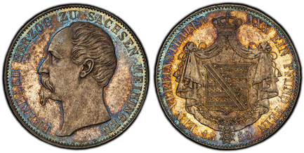1084700 GERMAN STATES. Saxe-Meiningen. Bernhard II. 1859 AR Thaler. PCGS MS64.  Edge: FIDELITER + ET + CONSTANTER +. BERNHARD HERZOG ZU SACHSEN MEININGEN. HELFRICHT on truncation / EIN VEREINSTHALER XXX EIN PFUND FEIN. Arms within crowned mantle. ...