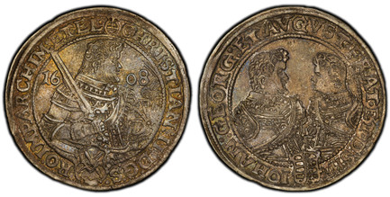 1084695 GERMAN STATES. Saxony-Albertine. Christian II, Johann Georg I and August. 1608 HR AR Thaler. PCGS AU55.  Dresden. Bust right with sword and helmet divide date / Busts facing one another. KM 24; Dav.-7566.

The "Three Brothers" type.

Pleas...