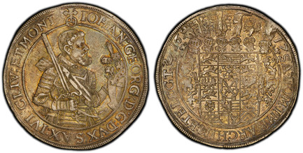 1084697 GERMAN STATES. Saxony-Albertine. Johann Georg I. 1617 (swan) AR Thaler. PCGS AU55.  Dresden. 42mm. Bust right with sword and helmet, band over right shoulder / Date in legend divided by six helmets surmounting divided shield of arms. KM 90...