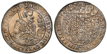 1084698 GERMAN STATES. Saxony-Albertine. Johann Georg I. 1630 HI AR Thaler. NGC AU55.  IOHAN. GEORG. D. G. DVX SAX. IVL. CLIV. ET. MONTI. Half-length armored figure to right, holding sword over right shoulder and helmet in left hand / SA. ROM. IMP...