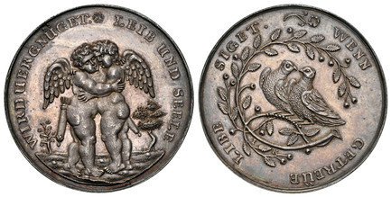 1083211 GERMAN STATES. Silesia (Breslau). (18th Century) ND AR Medal. NGC MS63.  By J. Kittel. 38.37mm. 15.39gm. LEIB UND SEELE - WIRDUERGNUGET. Two winged cherubim embracing / WENN GETREUE LIBE SIGET. A pair of doves facing each other, sitting on...