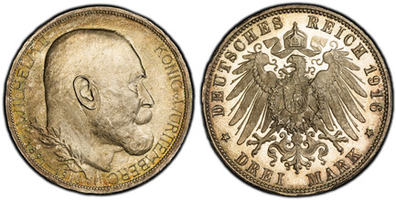 1083772 GERMAN STATES. Württemberg. Wilhelm II. 1916-F AR 3 Mark. PCGS PR66.  Freudenstadt. Edge: GOTT MIT UNS. Head right / Crowned imperial eagle with shield on breast. KM 638. Proof; Jaeger 178.

On his 25th Year of Reign. Kurt Jaeger writes ab...