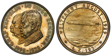 1084403 GERMANY, WEIMAR REPUBLIC. 1929 AR Medal. PCGS SP66.  By J. Bernhart. Edge: PREUSS. STAATSMUENZE · GOLD 900 FEIN. 36mm. GRAF ZEPPELIN DE HUGO ECKENER 1898-1928. Jugate portraits left of Count Ferdinand von Zeppelin and Dr. Hugo Eckener / WE...