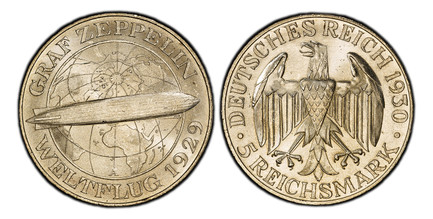 1084701 GERMANY, WEIMAR REPUBLIC. 1930-A AR 5 Reichsmark. PCGS MS65.  Berlin. Eagle, denomination below / Zeppelin across globe, date below. KM 68; Jaeger 343.

Graf Zeppelin flight.

Please use this link to verify the PCGS certification number <a...