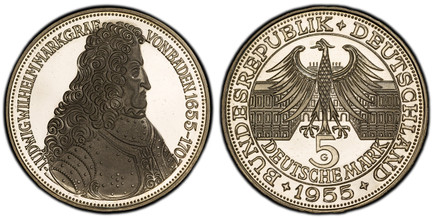 1084702 GERMANY - FEDERAL REPUBLIC. 1955-G AR 5 Mark. PCGS PR66DCAM (Deep Cameo).  Karlsruhe, Germany. Edge: SCHILD DES REICHES. Eagle above denomination / Head with high collar right. KM 115.

Commemorative Coinage. 300th Anniversary - Birth of L...