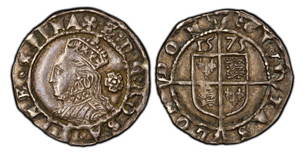 1084389 GREAT BRITAIN. England. Elizabeth. (Queen, 1558-1603). 1575-(eglantine) AR Three Halfpence. PCGS AU58.  Tower (London) mint. 0.77gm. Crowned bust, left; rose in field to right / Date above square-topped quartered shield of arms over long c...