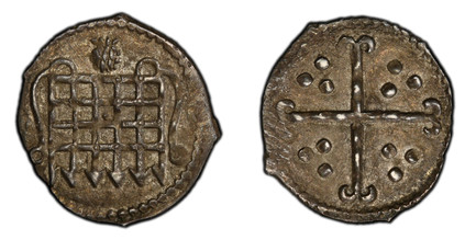 1084470 GREAT BRITAIN. England. Elizabeth I. (Queen, 1558-1603). (1603-04)-(Thistle) AR Halfpenny. PCGS AU58.  London mint. Portcullis / Cross with three pellets in each angle. SCBC-2651; North 2074.

Please use this link to verify the PCGS certif...