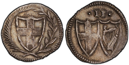 1084480 GREAT BRITAIN. England. Commonwealth. (1649-1660). (1649-60) AR Twopence, Halfgroat. PCGS AU58.  London Mint. Shield with St. George's cross within wreath / • II • (value) above two shields bearing, St. George's cross and the Irish harp. K...