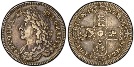 1084491 GREAT BRITAIN. England. James II. 1686 AR Halfcrown. PCGS XF45.  Edge: SECVNDO. First bust of James II left / Crown above value divides date. KM 452; SCBC-3408.

Please use this link to verify the PCGS certification number <a href="http://...