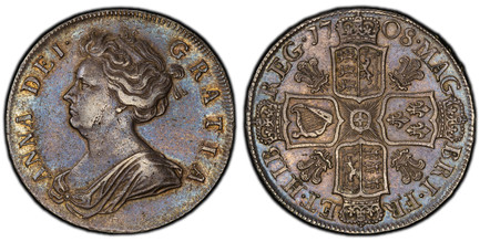 1084502 GREAT BRITAIN. Anne. (Queen, 1702-1714). 1708 AR Halfcrown. PCGS AU55.  ANNA · DEI · - GRATIA ·. Bust left / MAG - BRI · FR - ET · HIB - · REG ·. Plumes in angles. KM 525.3; SCBC-3606.

Please use this link to verify the PCGS certification...