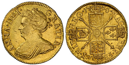 1083828 GREAT BRITAIN. Anne. (Queen, 1702-1714). 1714 AV Half-Guinea. NGC MS61.  4.23gm. ANNA · DEI · - GRATIA ·. Bust left / MAG - BRI · FR - ET · HIB - REG ·. English and Scottish shields halved. KM 527; SCBC-3575; Fr.-323.

Please use this link...