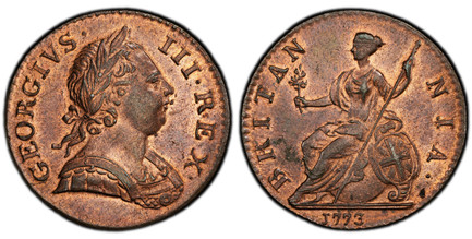 1084529 GREAT BRITAIN. George III. (King, 1760-1820). 1773 CU Halfpenny. PCGS MS64RB (Red Brown).  GEORGIVS · - III · REX ·. Laureate bust right / BRITAN - NIA ·. Brittania seated left. KM 601; SCBC-3774.

Much mint luster remains.

Please use thi...