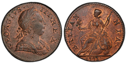 1084530 GREAT BRITAIN. George III. (King, 1760-1820). 1773 CU Halfpenny. PCGS MS63RB (Red Brown).  GEORGIVS · - III · REX ·. Laureate bust right / BRITAN - NIA ·. Brittania seated left. KM 601; SCBC-3774.

Please use this link to verify the PCGS c...