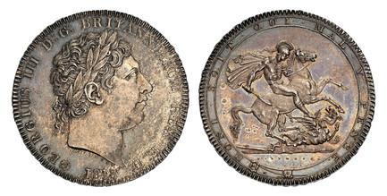 1084344 GREAT BRITAIN. George III. (King, 1760-1820). 1818 LVIII AR Crown. NGC MS63.  GEORGIUS III D: G: BRITANNIARUM REX F: D:. Laureate head right / HONI SOIT QUI MAL .Y PENSE. St. George slaying dragon right. KM 675; SCBC 3787; ESC-212.

Please...