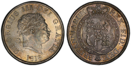 1084531 GREAT BRITAIN. George III. (King, 1760-1820). 1818 AR Halfcrown. PCGS MS63.  GEORGIUS III DEI GRATIA. Small laureate head right / BRITANNIARUM REX FID: DEF:. Crowned arms within order chain. KM 672; SCBC-3789.

Please use this link to veri...