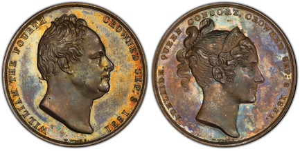 1086038 GREAT BRITAIN. William IV and Queen Adelaide. (King, 1830-1837). 1831 AR Medal. PCGS SP63.  By W. Wyon. Edge: Plain. WILLIAM THE FOURTH CROWNED SEP 8 1831. Bust of William IV right / ADELAIDE. QUEEN CONSORT CROWNED SEP 8 1831. Diademed bus...