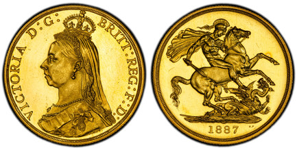 1084641 GREAT BRITAIN. Victoria. (Queen, 1837-1901). 1887 AV Two Pounds. PCGS PR61Cameo.  VICTORIA D:G: BRITT: REG: F:D:. Bust left wearing small crown and veil / St. George slaying the dragon. KM 768; SCBC-3865, Friedberg 391.

From a reported mi...