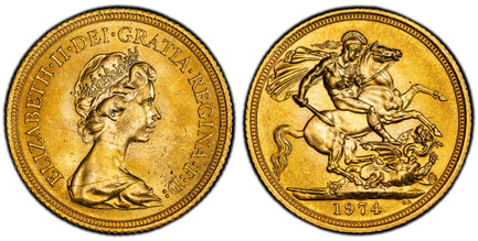 1084532 GREAT BRITAIN. Elizabeth II. 1974 AV Sovereign. PCGS MS66.  By Arnold Machin (Obv.). Young bust right / St. George slaying the dragon. KM 919; SCBC-SC1.

Please use this link to verify the PCGS certification number <a href="http://www.pcgs...