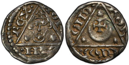 1084537 IRELAND. John de Courcy. (Lord of Ireland and King of England, 1171-1216). (1208-12) ND AR Halfpenny. PCGS XF45.  Dublin. IOH...N• REX•. Crowned facing portrait within triangle, no shoulders or sceptre; legend abbreviated around / Cross pa...