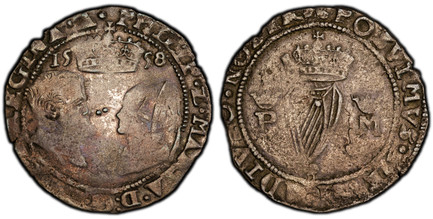 1084542 IRELAND. Philip & Mary. (1554-1558). 1558-(rose) AR Groat (Fourpence). PCGS VF30.  Tower (London) mint. PHILIP · Z · MARIA · D · G · REX · ET · REGINA · A(NGL) ·. Facing, bareheaded busts of Philip and Mary, a crown above them divides date...