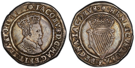 1084552 IRELAND. James I. (King, 1603-1625). (1605-06)-(rose) AR Shilling. PCGS XF40.  London. Crowned third bust with longer square-cut beard, right / Crowned Irish harp. KM 14.1; S-6515; Dowle & Finn 261.

Please use this link to verify the PCGS...