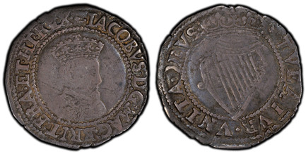 1084556 IRELAND. James I. (King, 1603-1625). (1605-06)-(martlet) AR Sixpence. PCGS VF35.  London. Crowned fourth bust with long beard, right; less ornate cuirass / Crowned Irish harp. KM 11.2; S-6517.

Please use this link to verify the PCGS certi...